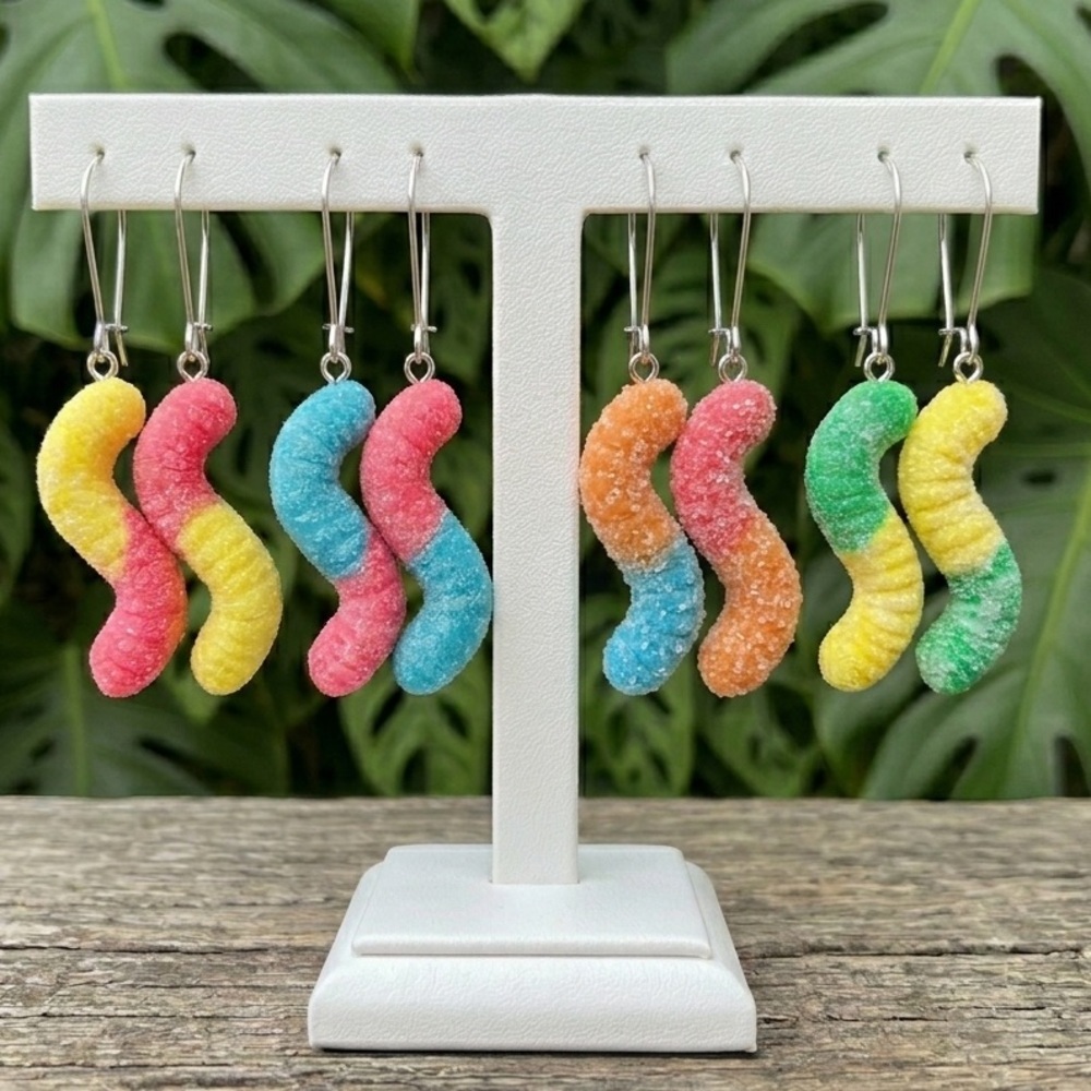 NWT Sour Gummy Worm Dangle Earrings - Handmade